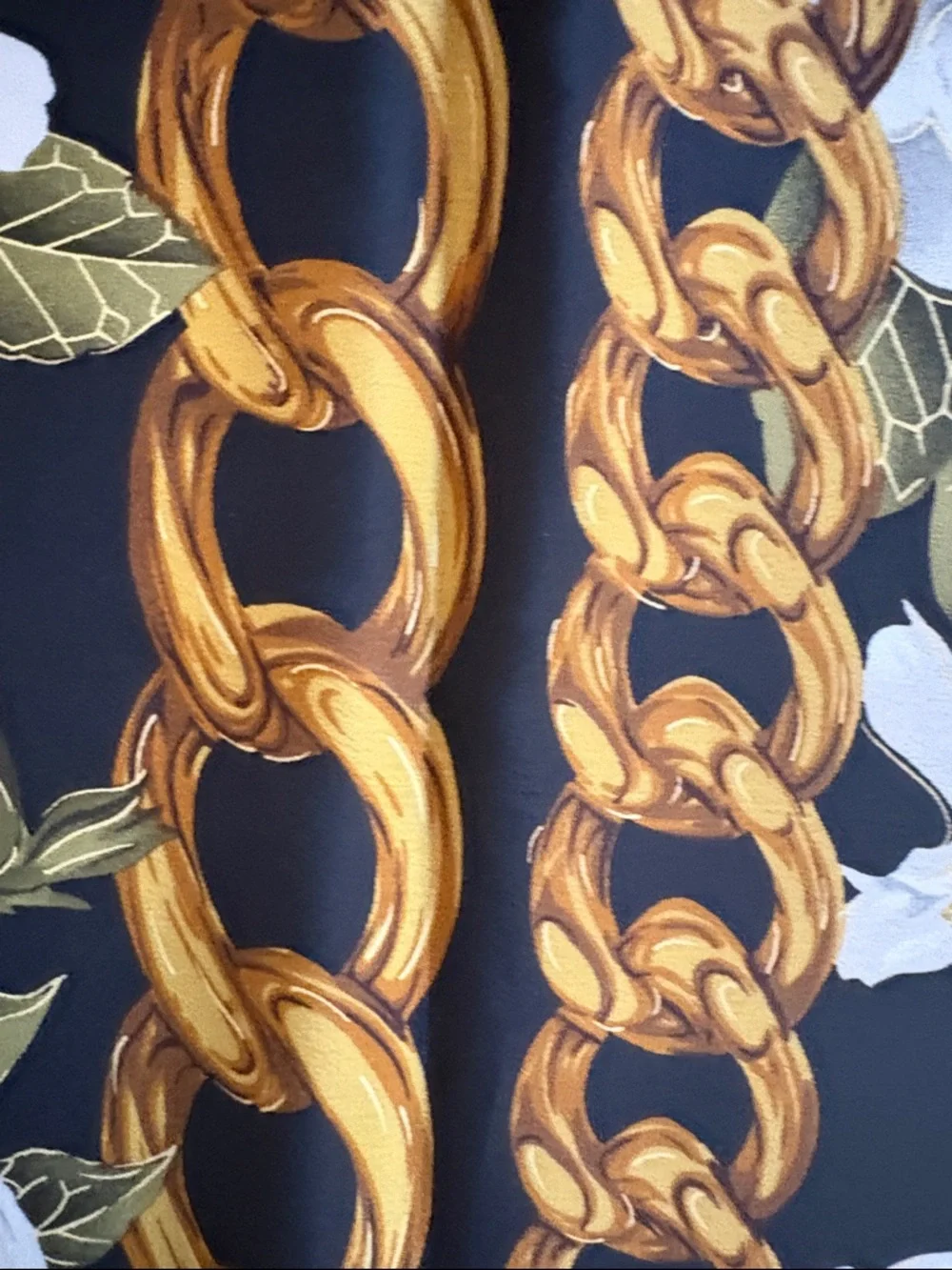 Vintage Chanel Camellia Print Silk Scarf. Black, Gold and White.